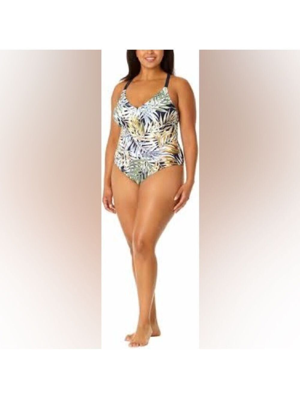 Hurley Women’s Tropical Leaf One-Piece Swimsuit - Navy, Olive, Gold XXL